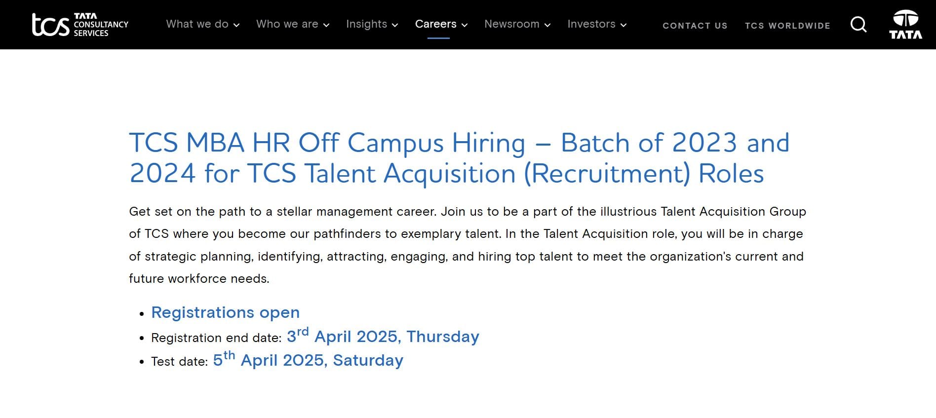 TCS MBA Hiring 2025 for Talent Acquisition