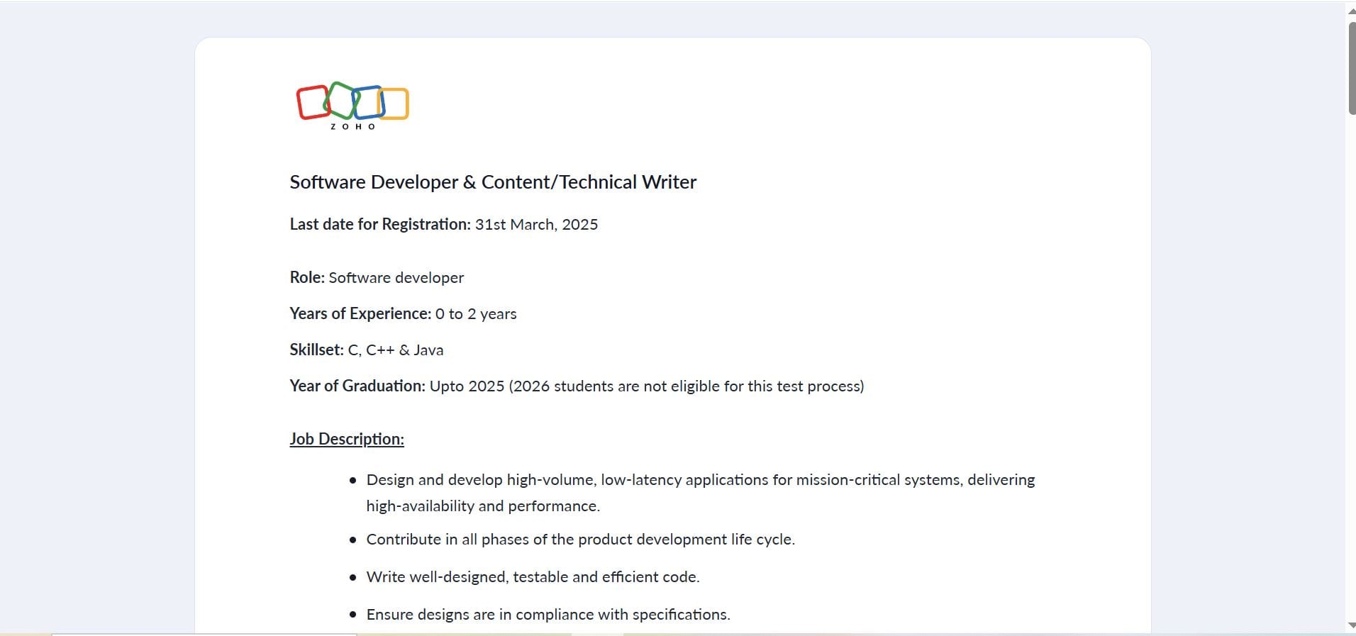 ZOHO Corp Off Campus Drive 2025